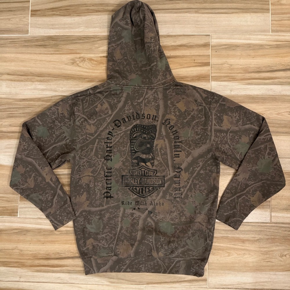 Harley-Davidson Honolulu Hawaii Camo Tiki Hoodie Mens Medium Ride With Aloha